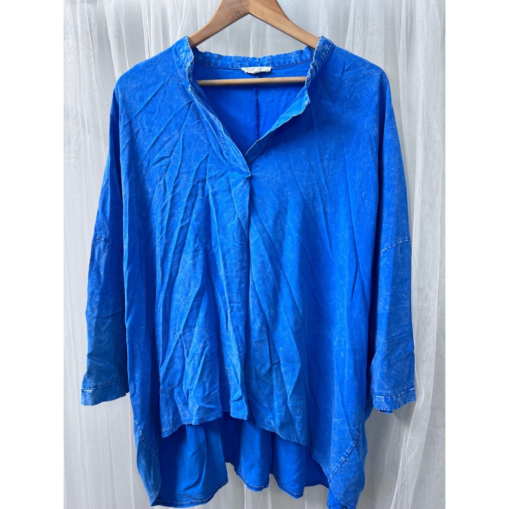 Easel Womens Royal Blue Mineral Wash Oversized High Low Tunic Top Large
